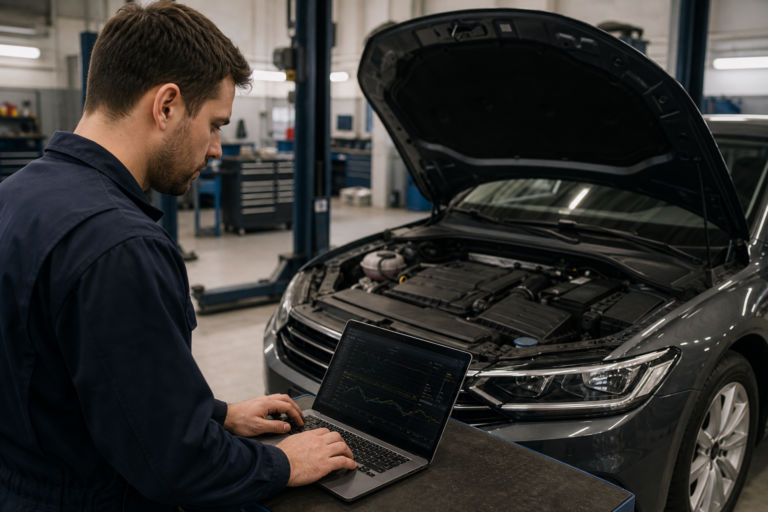 Technician reviewing vehicle diagnostic data before ECU remapping