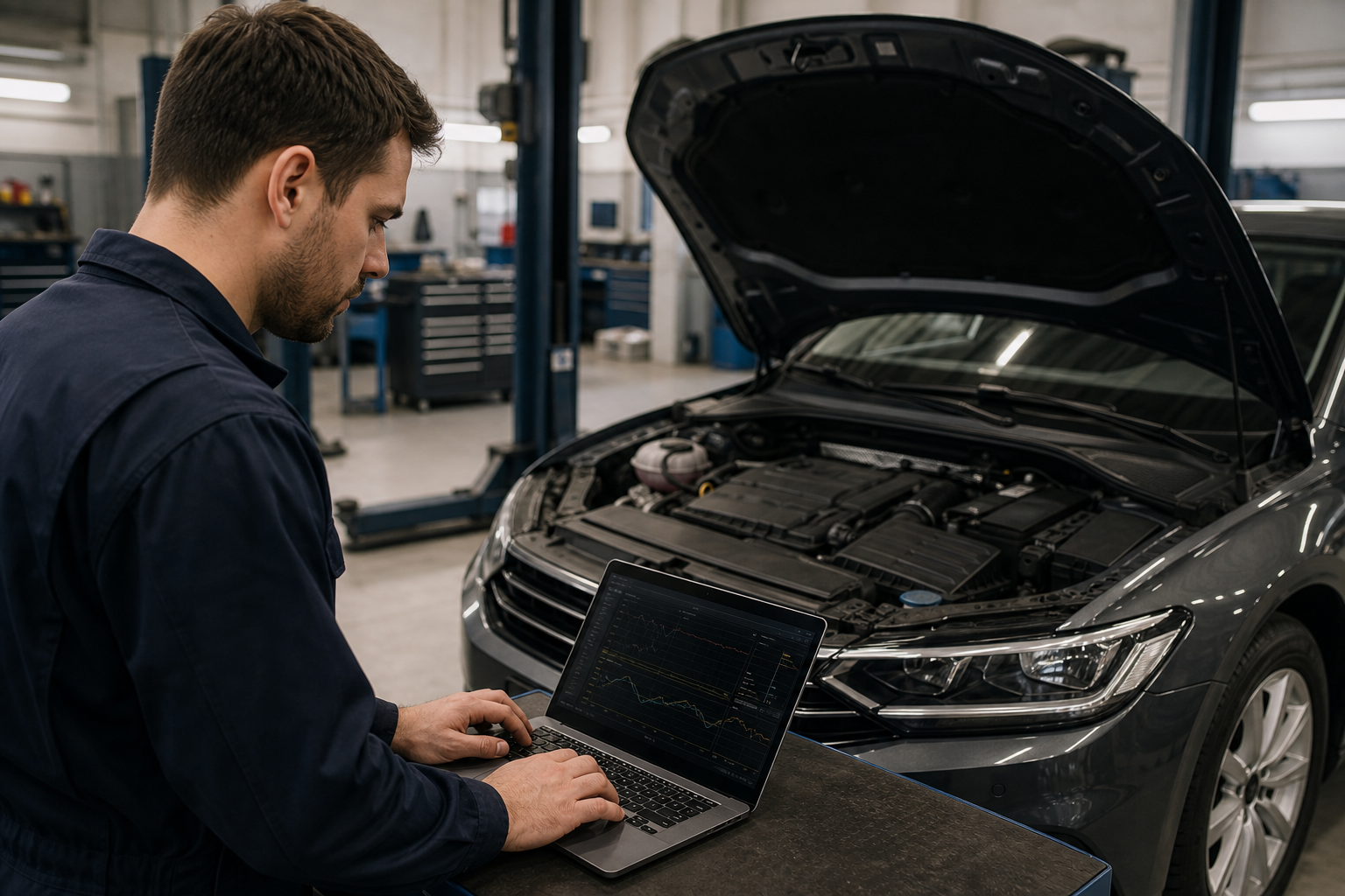 Technician reviewing vehicle diagnostic data before ECU remapping